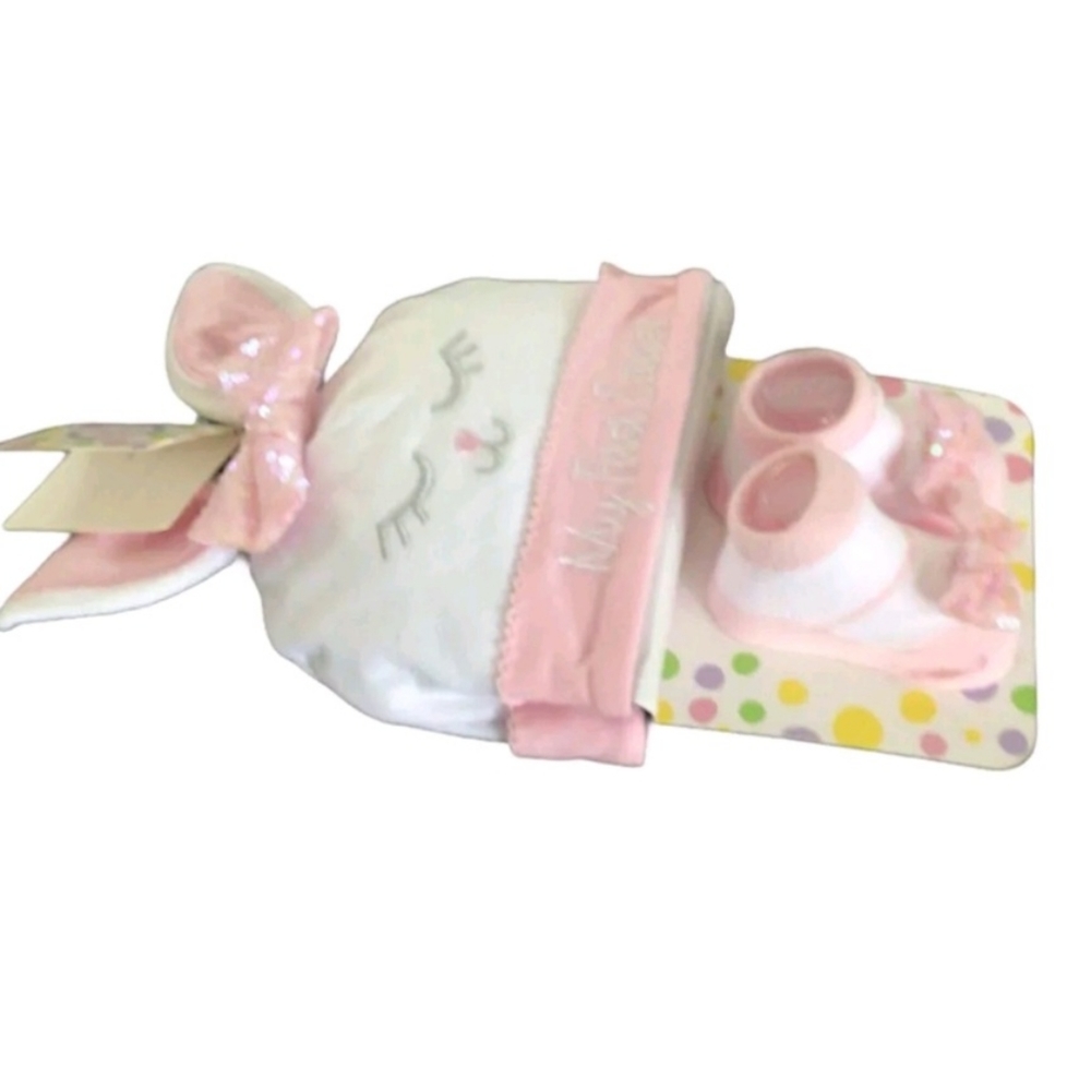 Little Me “My First Easter” Hat And Bootie Set 0-12 Mo. New With Tags Pink White - Picture 9 of 10